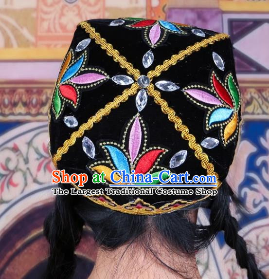 Black Chinese Xinjiang Dance Flower Hat Female Adult Four Corner Hat Performance Headwear Uighur Dance Embroidered Hat Ethnic Style Stage Hat
