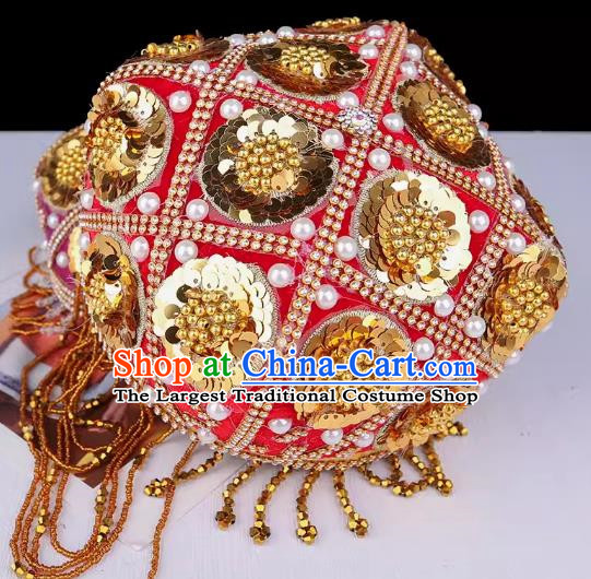 China Xinjiang Dance Performance Hat Ethnic Style Pure Handmade Beaded Embroidery Headwear Uyghur Stage Performance Pearl Gold Red Flower Hat