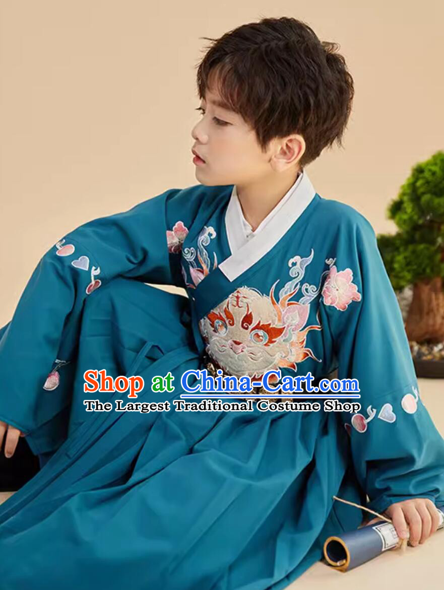 Chinese Ming Dynasty Embroidered Tiger Green Robe Traditional Hanfu Children Costumes