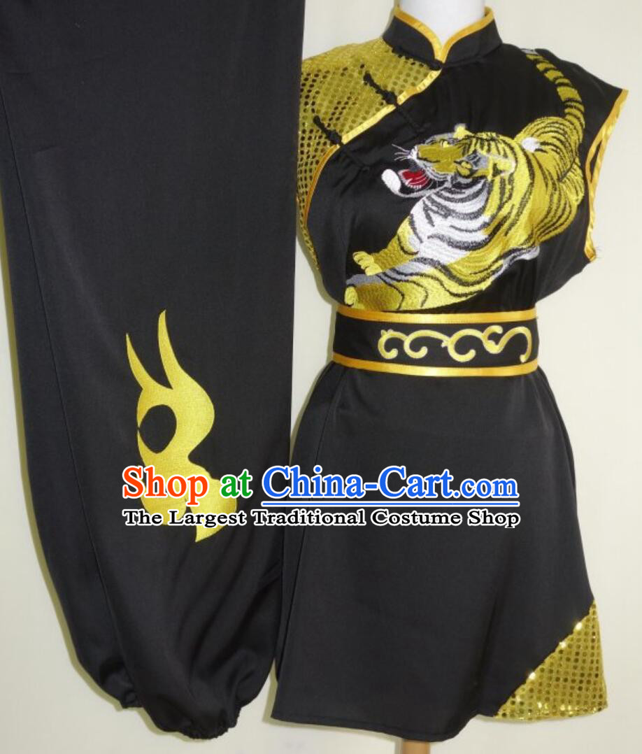 Professional Wushu Competition Embroidered Tiger Outfit Chinese Martial Arts Costumes Traditional Kung Fu Black Uniform