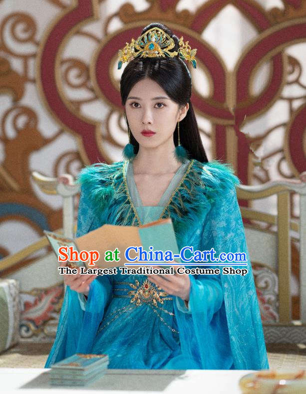 Chinese Ancient Royal Princess Clothing TV Series The Last Immortal Peacock Fairy Hua Shu Blue Dresses