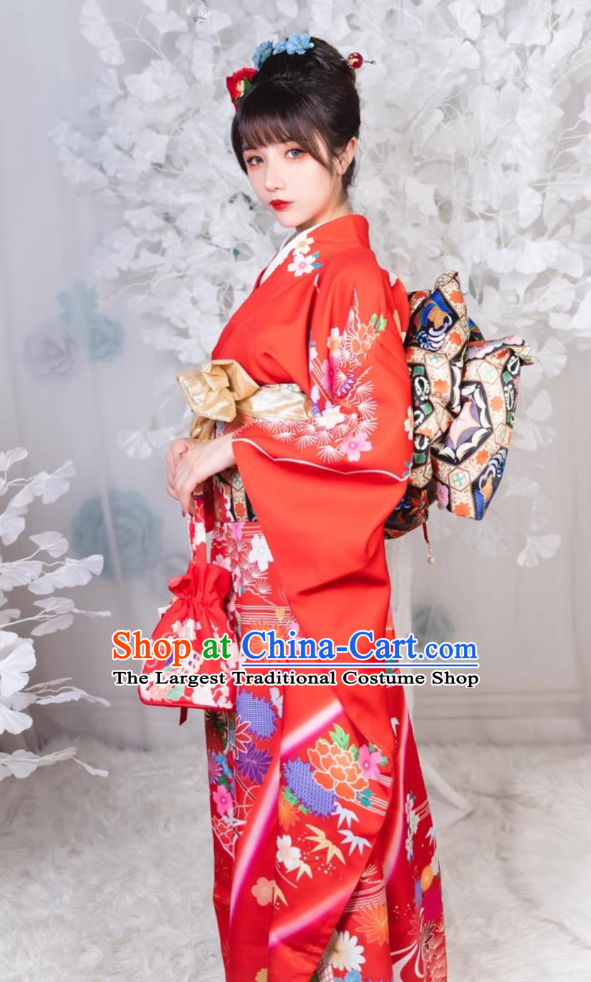 Japan Classical Red Furisode Kimono Top Japanese National Dress Traditional Orthodox Garments