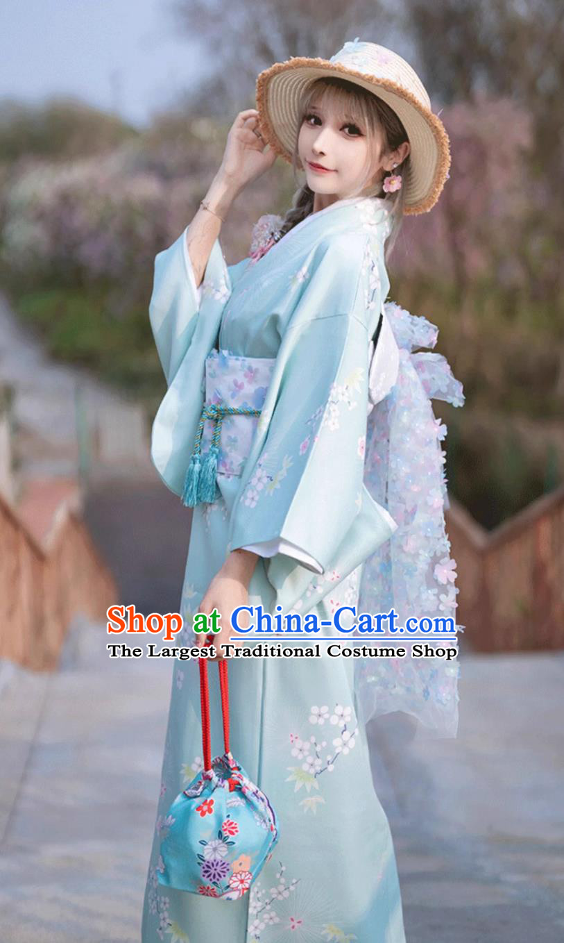 Japanese Light Blue Kimono Women Traditional Costume
