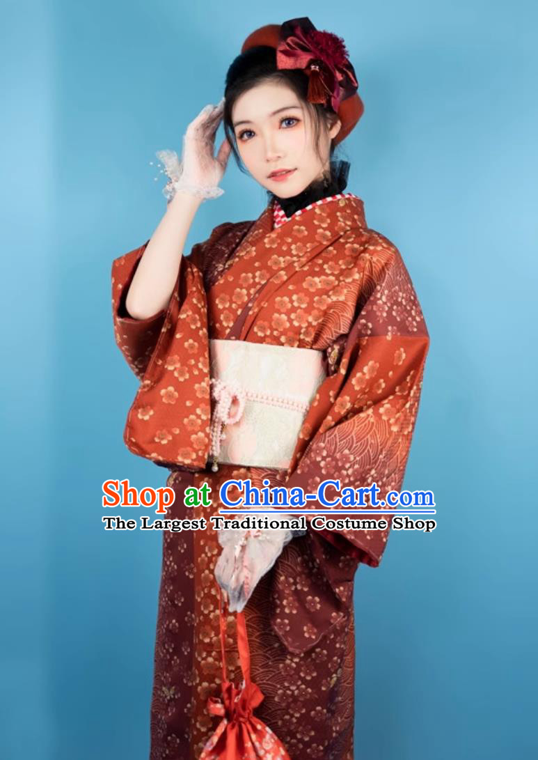 Orange Red Traditional Kimono Formal Dress For Women Japanese Taisho Floral Clothing