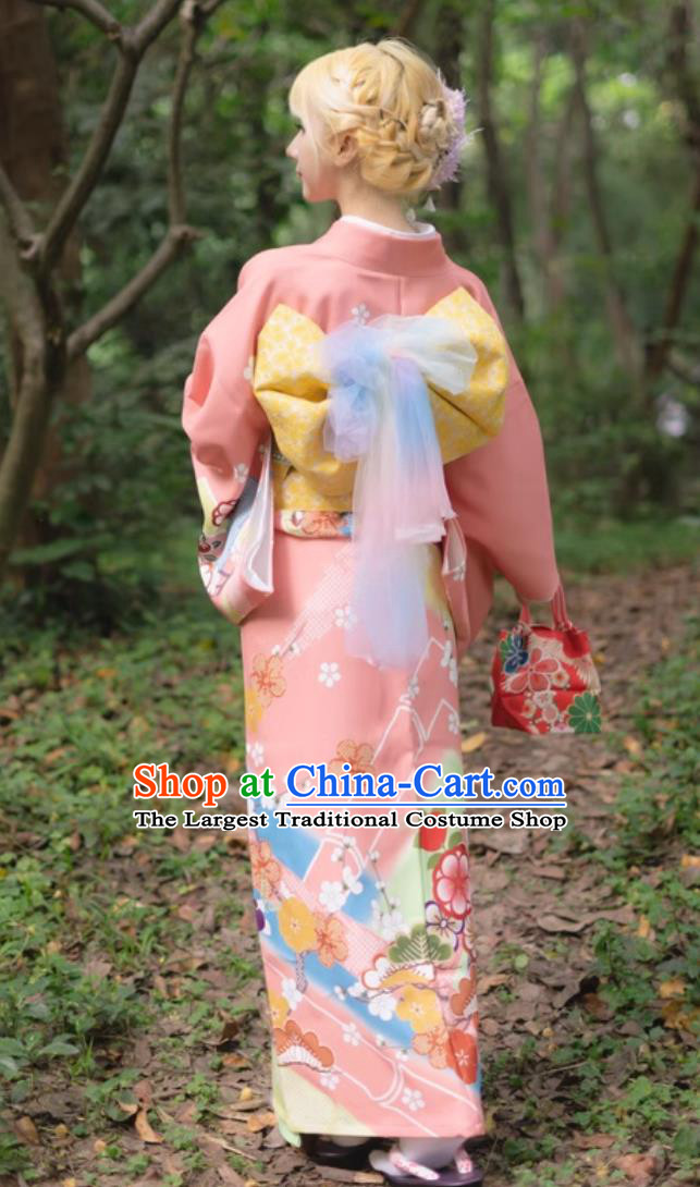 Printed Traditional Formal Japanese Kimono Women Visiting Kimono Pink Wedding Dress