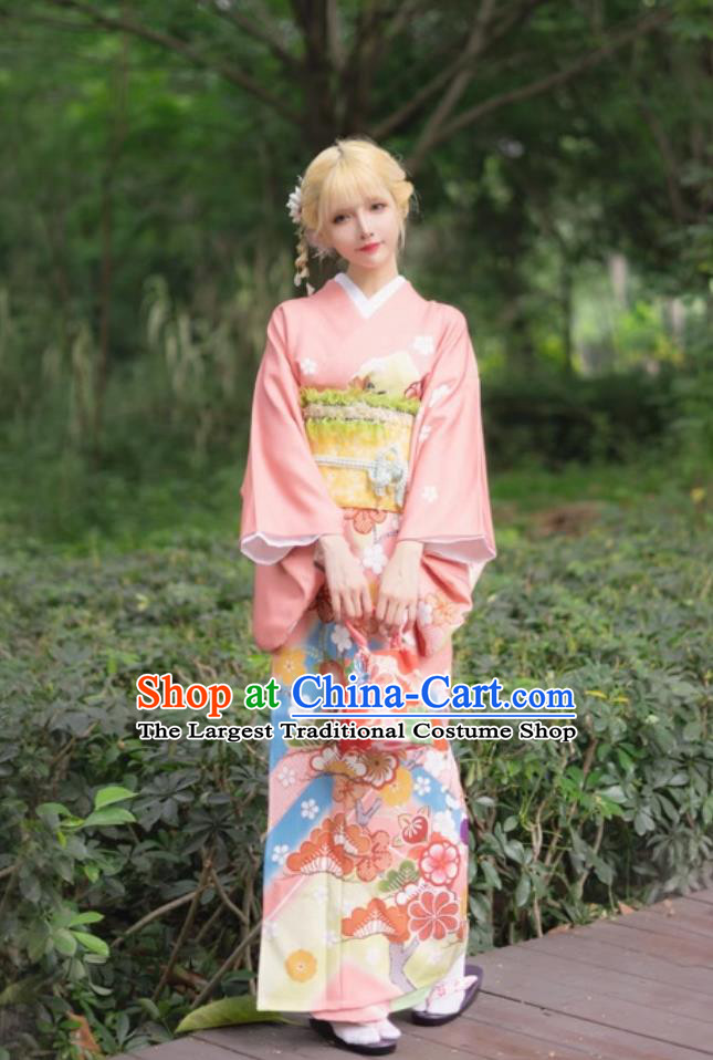 Printed Traditional Formal Japanese Kimono Women Visiting Kimono Pink Wedding Dress