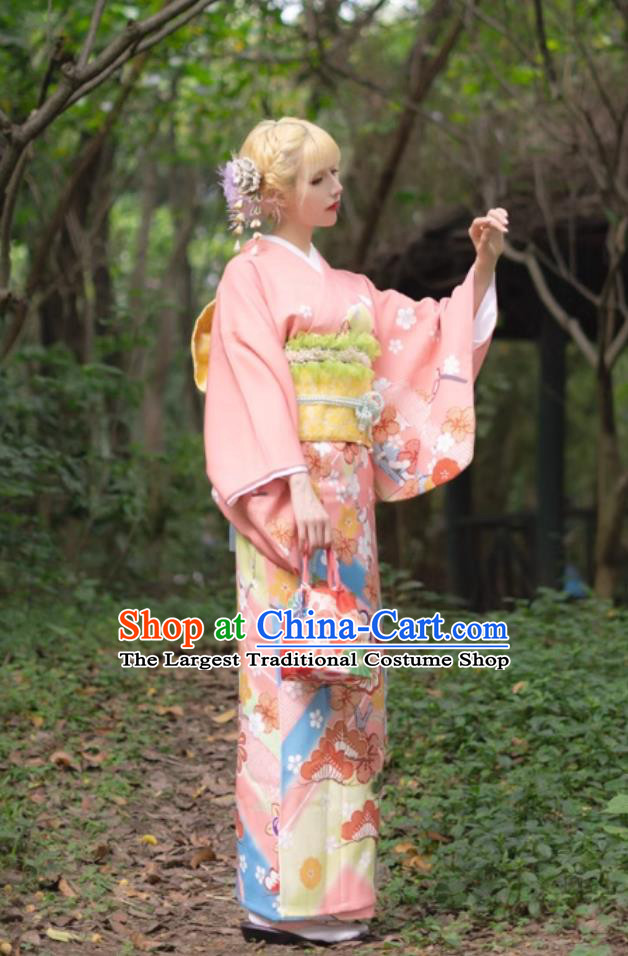 Printed Traditional Formal Japanese Kimono Women Visiting Kimono Pink Wedding Dress