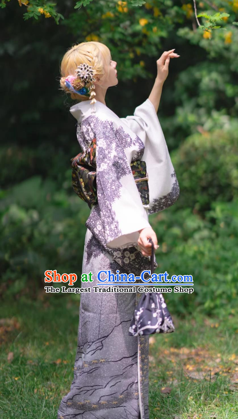 Printed Violet Dress Traditional Formal Attire Japanese Kimono Women Visiting Kimono