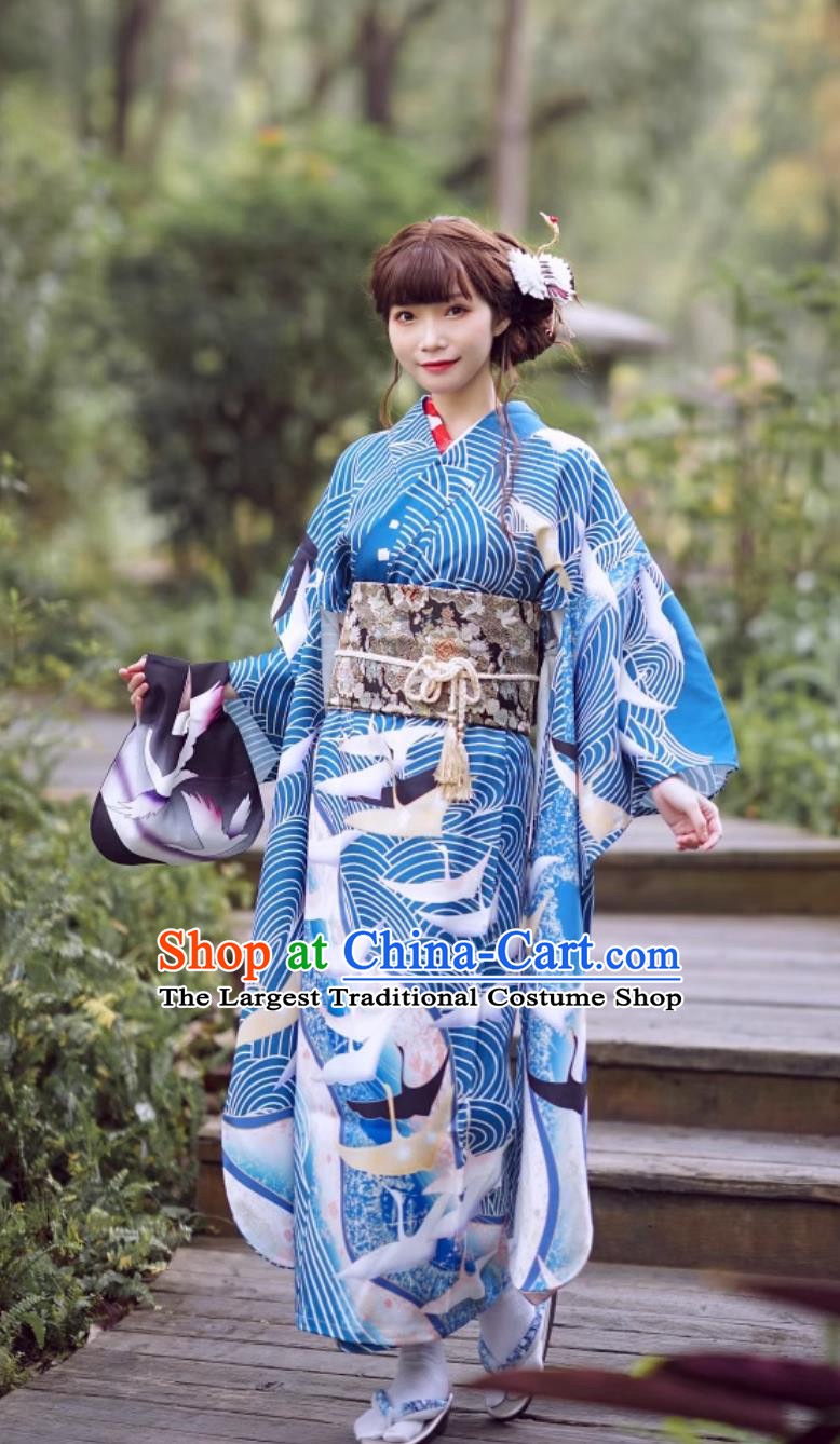 Taisho Style Japanese Traditional Clothing Long Sleeved Kimono For Women Blue Furisode Kimono