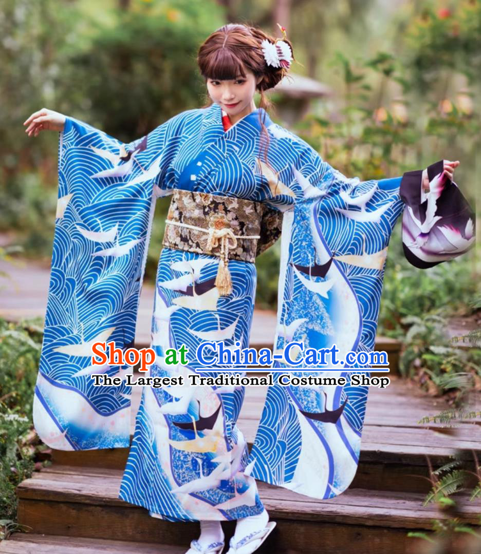Taisho Style Japanese Traditional Clothing Long Sleeved Kimono For Women Blue Furisode Kimono