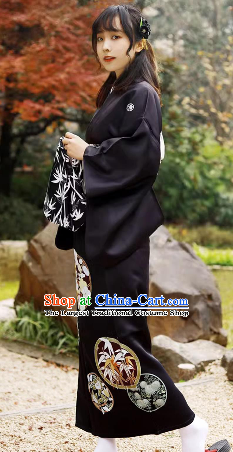 Japanese Kimono Women Improved Clothing Black Sleeves Formal Kimono Set