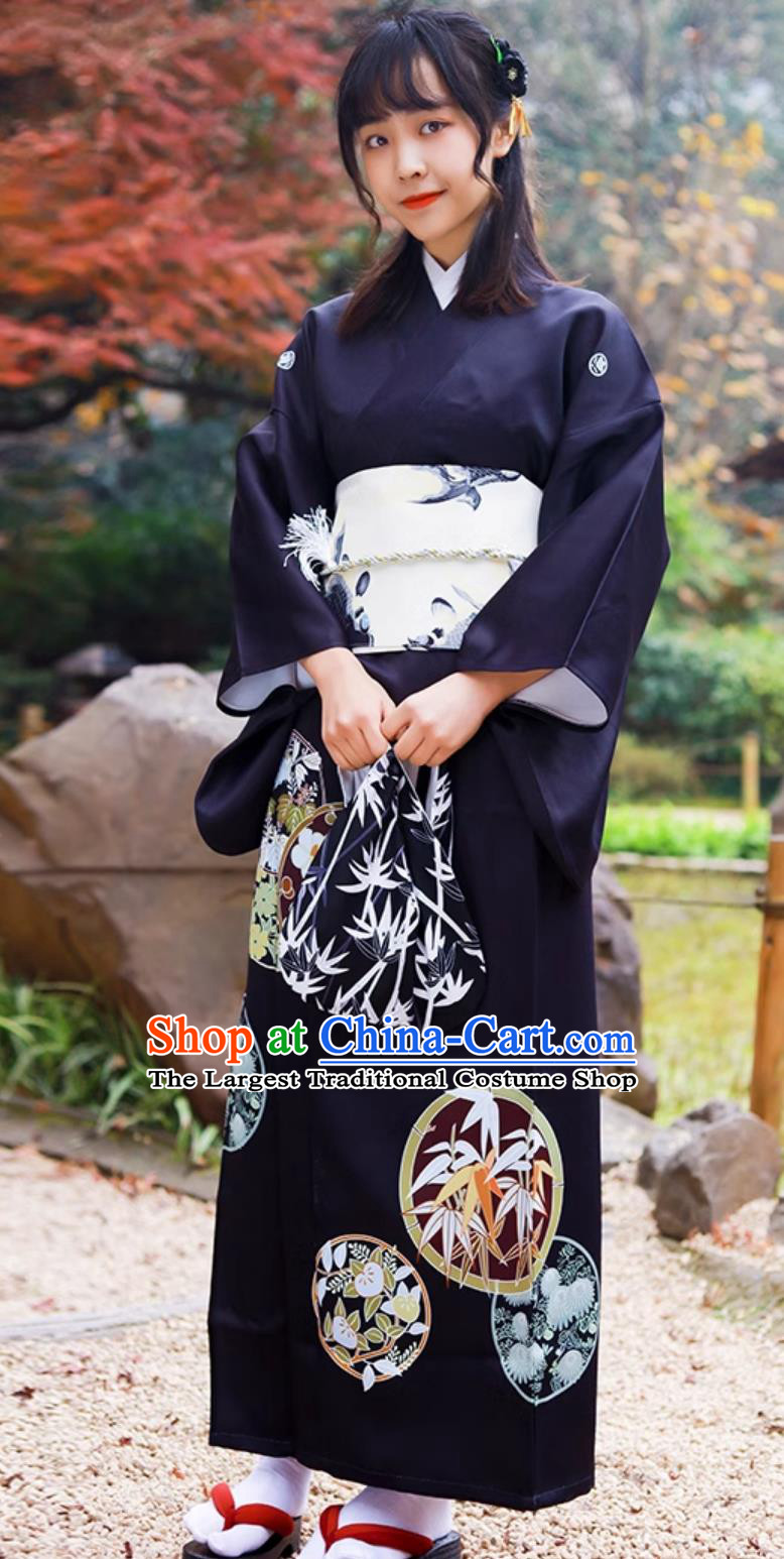 Japanese Kimono Women Improved Clothing Black Sleeves Formal Kimono Set