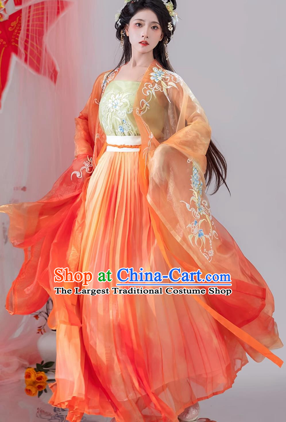 Chinese Woman Orange Dress Ancient Princess Costumes Traditional Hanfu Clothing