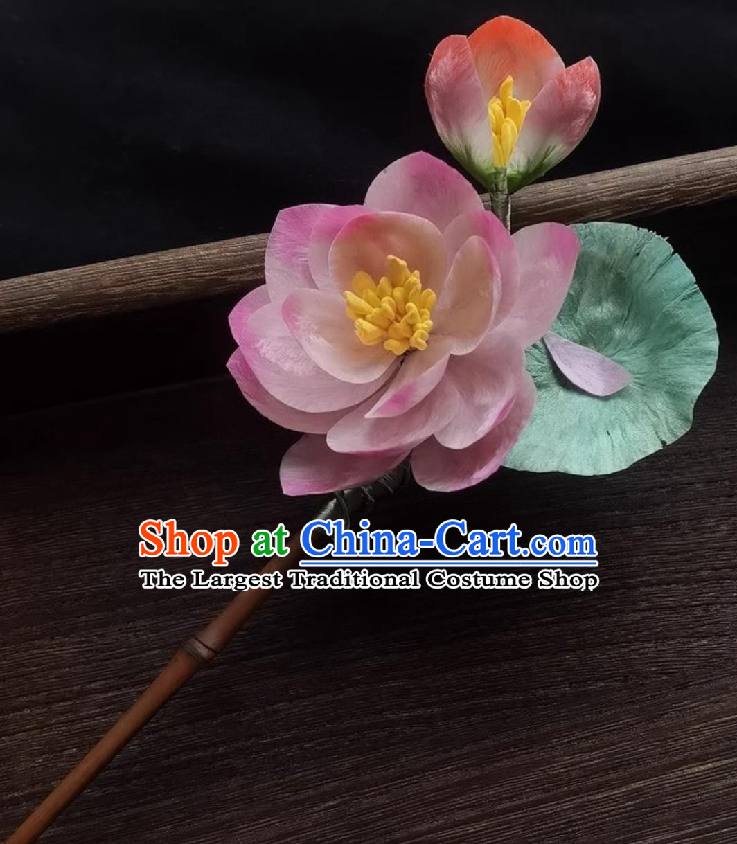 Chinese Hanfu Qipao Hair Jewelry Traditional Hair Stick Intangible Cultural Heritage Handmade Silk Velvet Lotus Flower Hairpin