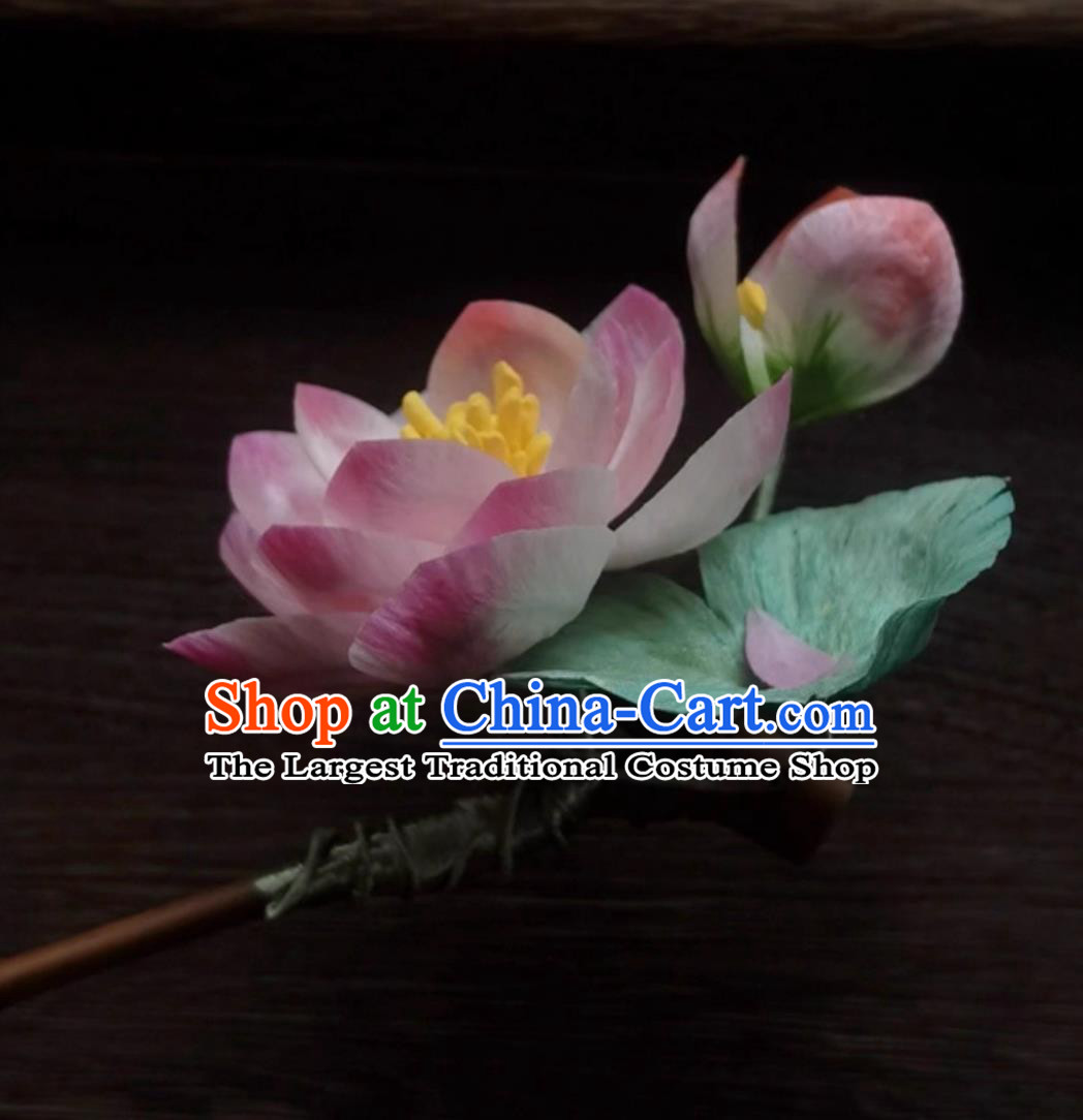 Chinese Hanfu Qipao Hair Jewelry Traditional Hair Stick Intangible Cultural Heritage Handmade Silk Velvet Lotus Flower Hairpin