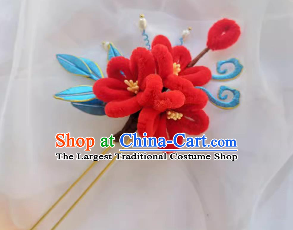 Handmade Velvet Flower Hairpin Wrapped Flowers Hanfu Hair Stick Chinese Pearl Tassel Bu Yao Step Shaking Headpiece Hair Jewelry