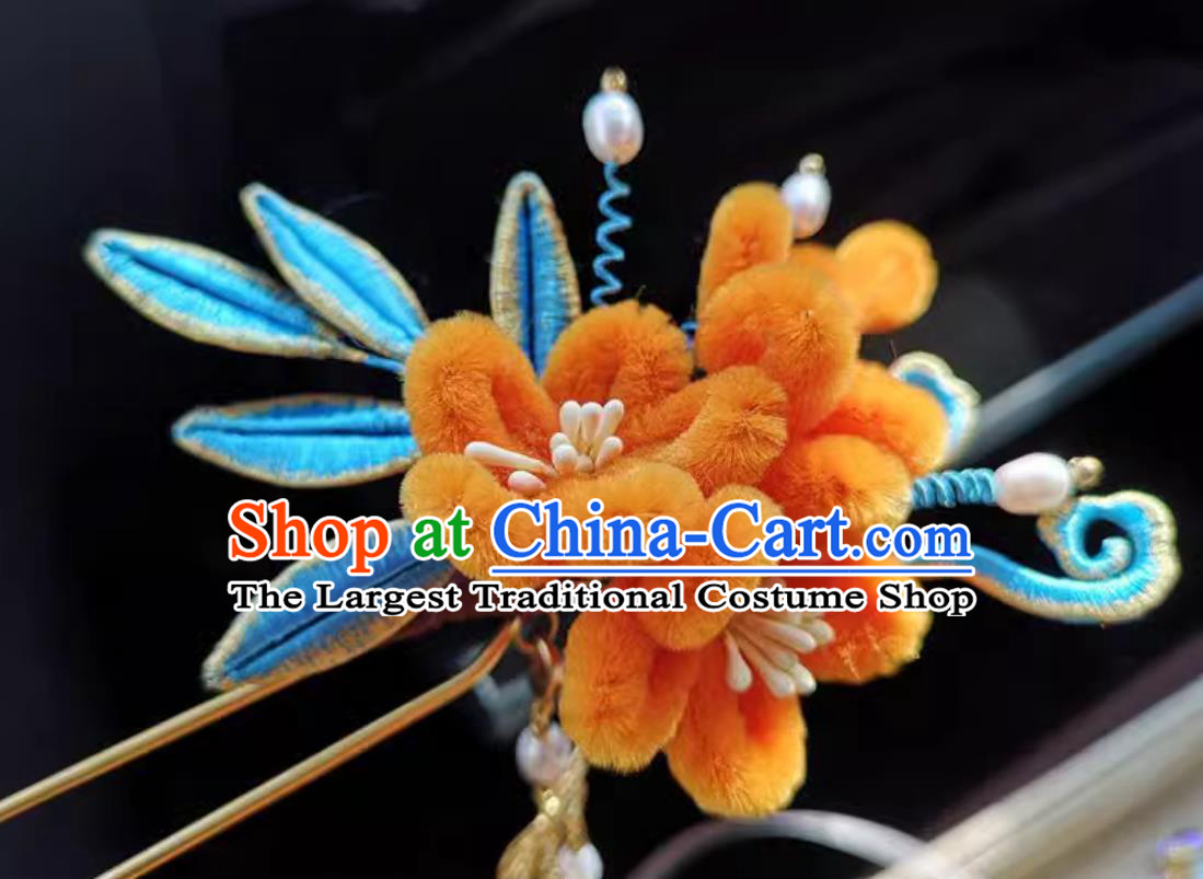 Handmade Hair Jewelry Orange Velvet Flower Hairpin Wrapped Flowers Hanfu Hair Stick Chinese Pearl Tassel Bu Yao Step Shaking Headpiece