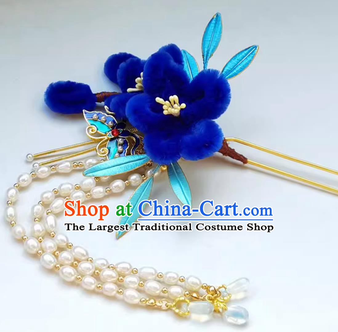 Chinese Hanfu Wrapped Flowers Hair Stick Pearl Tassel Bu Yao Step Shaking Headpiece Handmade Hair Jewelry Royal Blue Velvet Flower Hairpin