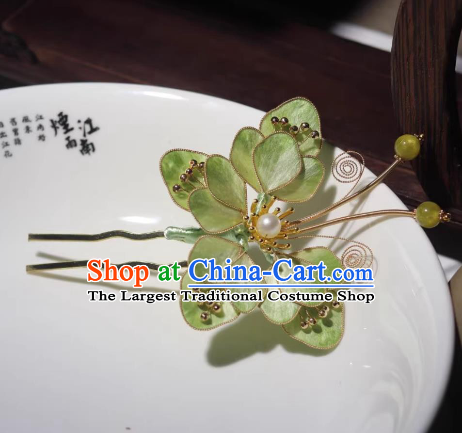 Chinese Ancient Hair Jewelry Ming Dynasty Hanfu Headpiece Handmade Green Butterfly Hairpin Intangible Cultural Heritage Velvet Flower Hair Stick