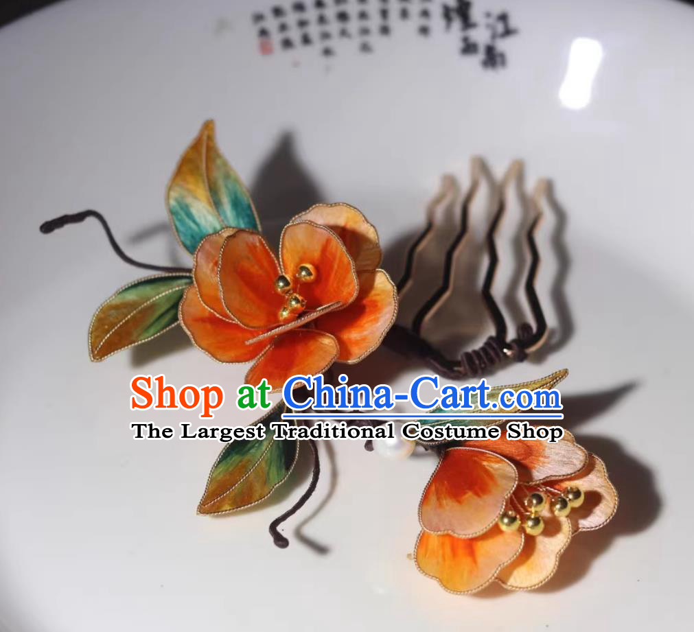 Chinese Traditional Headpiece Intangible Cultural Heritage Velvet Flower Hairpin Handmade Hanfu Silk Hair Comb Ancient Style Ming Dynasty Hair Jewelry