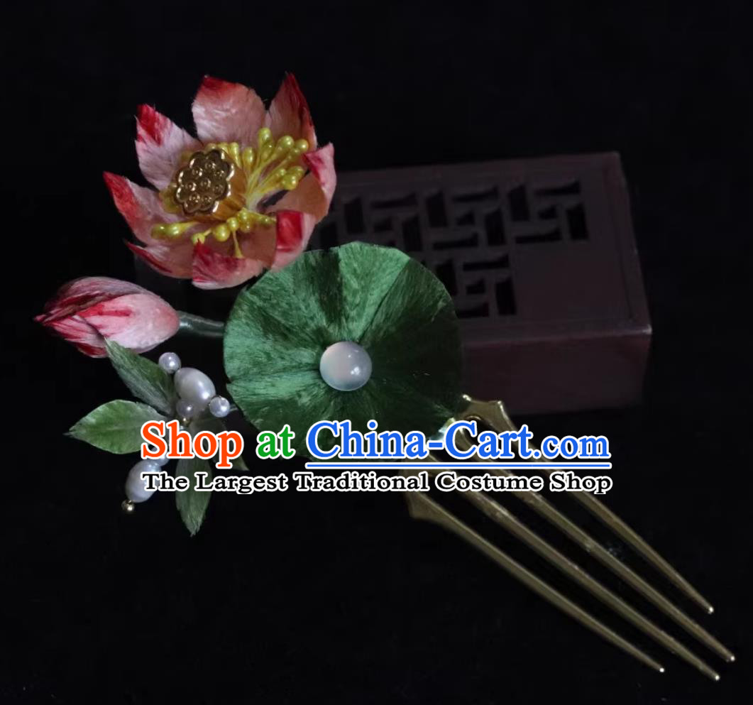 Traditional Hair Comb Intangible Cultural Heritage Handmade Silk Velvet Lotus Flower Hairpin Chinese Hanfu Qipao Hair Jewelry