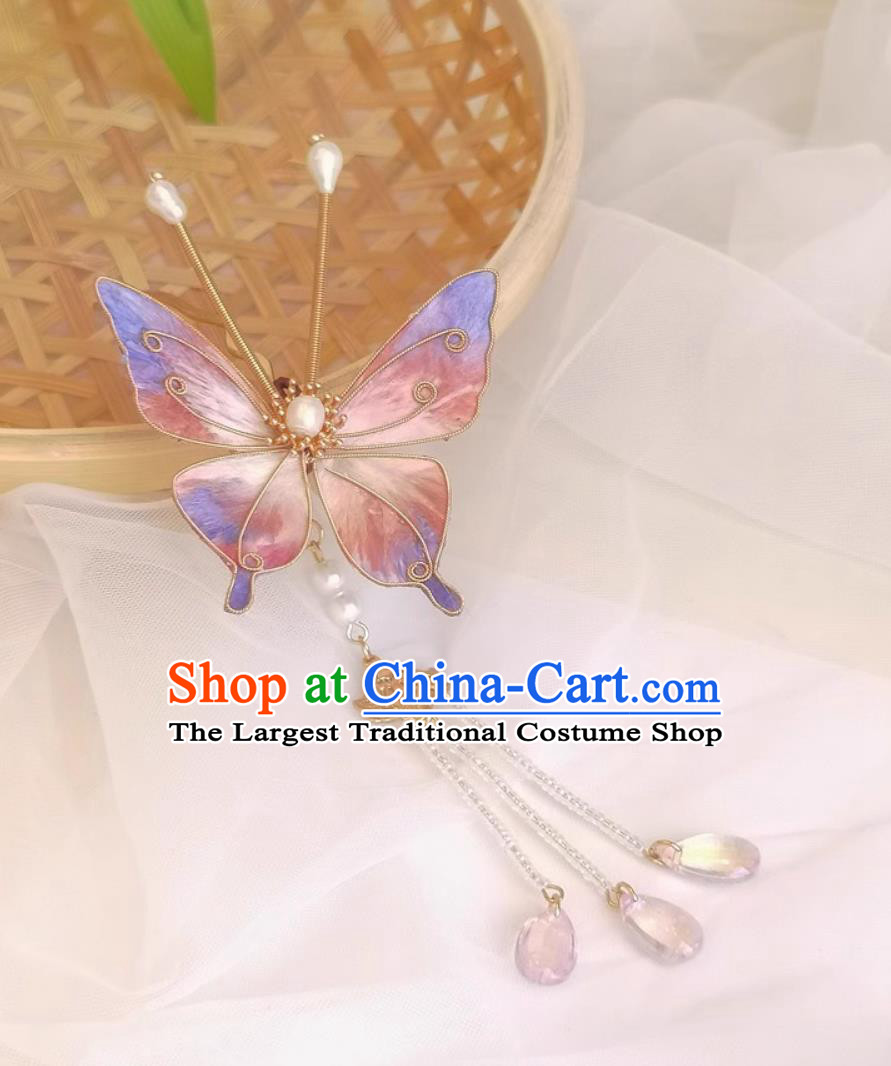Chinese Qipao Headpiece Hanfu Hair Accessory Intangible Cultural Heritage Velvet Silk Pink Butterfly Hairpin Handmade Tassel Hair Clip