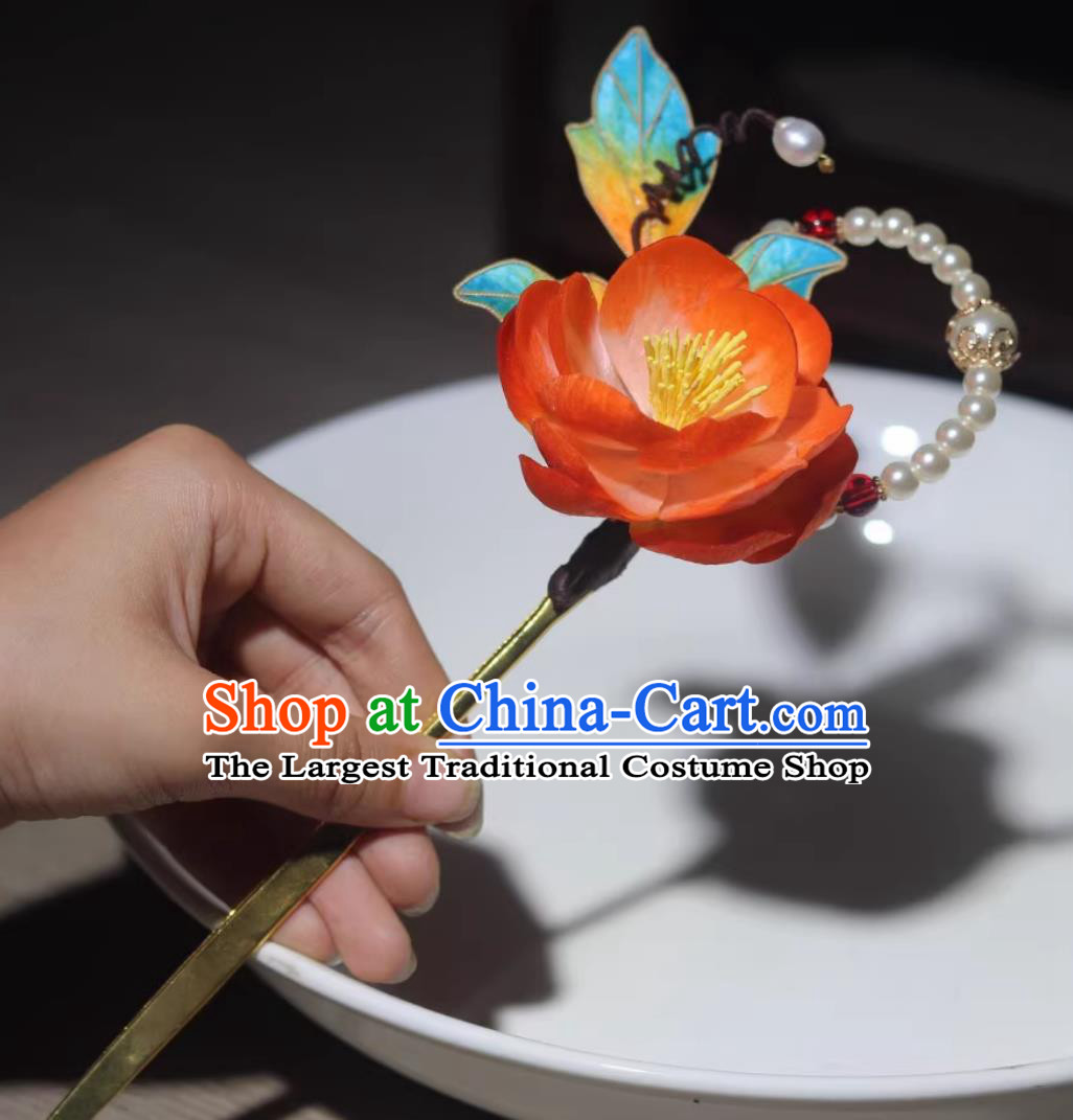 Intangible Cultural Heritage Silk Velvet Flower Hair Stick Handmade Camellia Hairpin Chinese Hanfu Headwear Qipao Ancient Hair Jewelry
