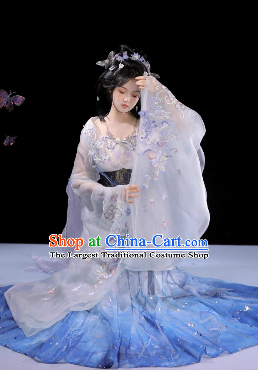 Chinese Southern and Northern Dynasties Palace Princess Costumes Hanfu Online Shop Traditional Ancient Fairy Embroidered Blue Dresses