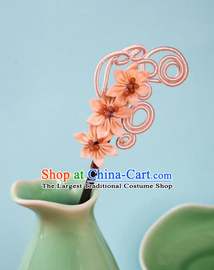 China Hanfu Hair Jewelry Ancient Young Lady Pink Flower Headpiece Handmade Qipao Ebony Hairpin