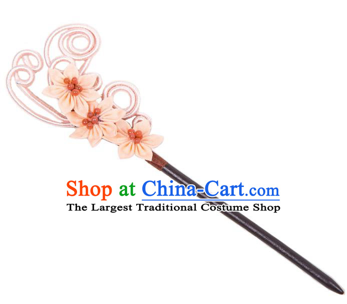 China Hanfu Hair Jewelry Ancient Young Lady Pink Flower Headpiece Handmade Qipao Ebony Hairpin