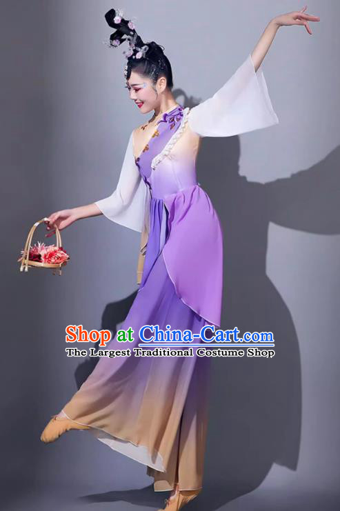 Classical Dance Performance Attire Chinese Woman Solo Dance Purple Outfit Yangge Dance Costume Art Examination Fan Dance Costume