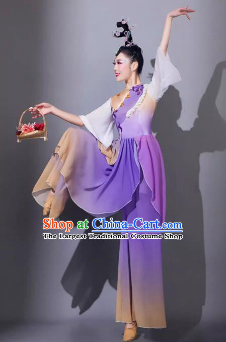 Classical Dance Performance Attire Chinese Woman Solo Dance Purple Outfit Yangge Dance Costume Art Examination Fan Dance Costume