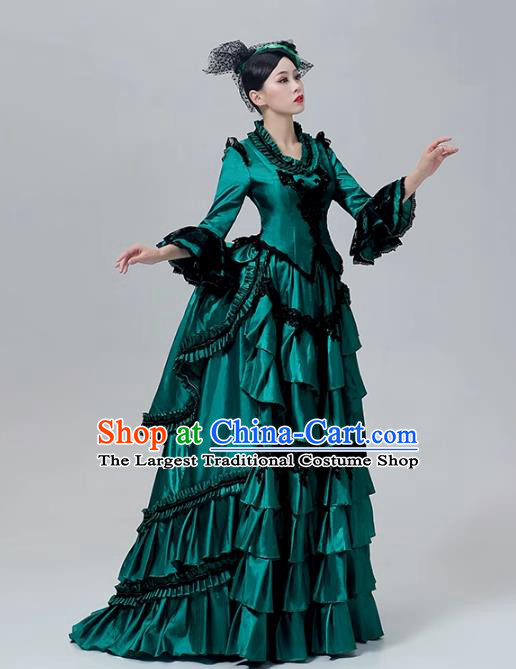 Rococo Runway Show Outfit Drama Photo Shoot Clothing European Court Dress Medieval Retro Dark Green Costume