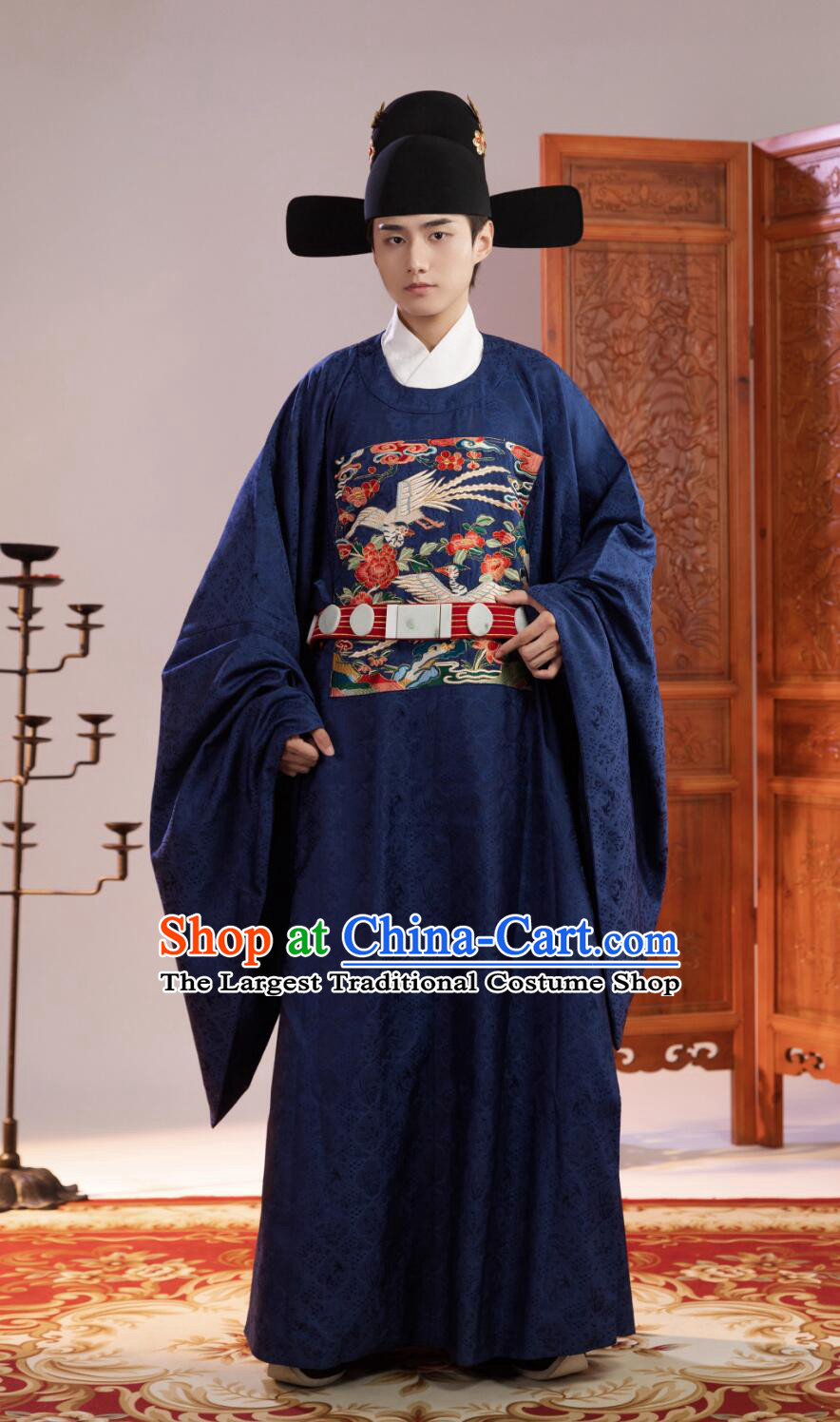 Navy Blue Chinese Embroidered Cranes Robe Ming Dynasty Court Costume Ancient China Fifth Rank Civil Official Clothing