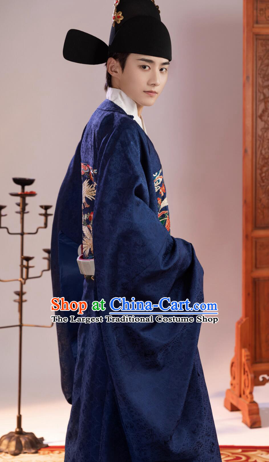Navy Blue Chinese Embroidered Cranes Robe Ming Dynasty Court Costume Ancient China Fifth Rank Civil Official Clothing