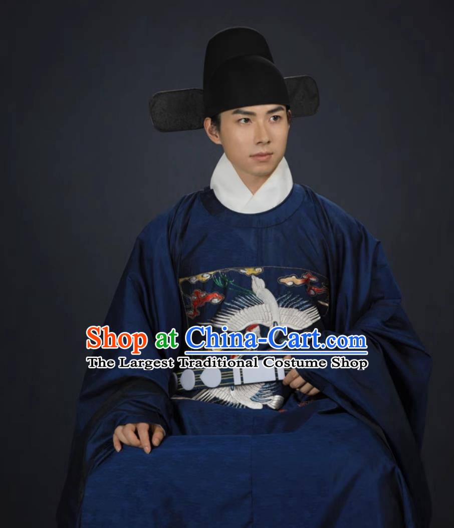 Ancient China First Rank Civil Official Official Clothing Dark Blue Chinese Embroidered Double Cranes Robe Ming Dynasty Court Costume