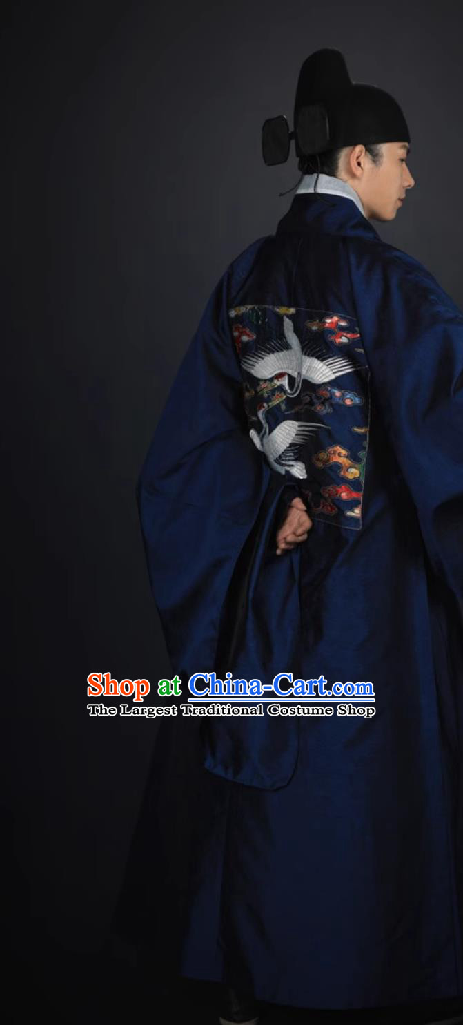 Ancient China First Rank Civil Official Official Clothing Dark Blue Chinese Embroidered Double Cranes Robe Ming Dynasty Court Costume