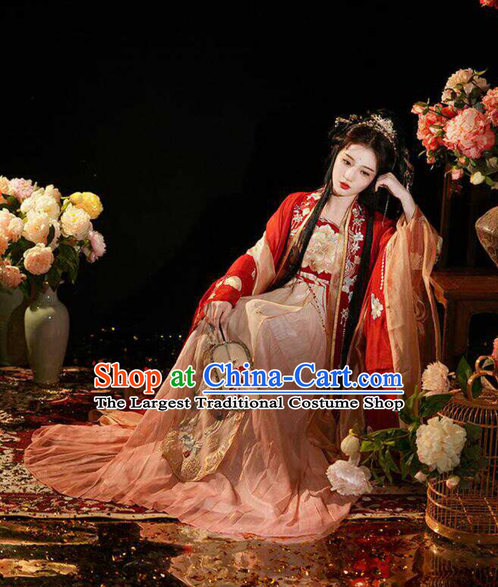 Twelve Flower Goddess Hanfu China Tang Dynasty Wedding Costume Red Hezi Qun Red Embroidered Large Sleeve Attire Ancient Chinese Princess Peony Clothing