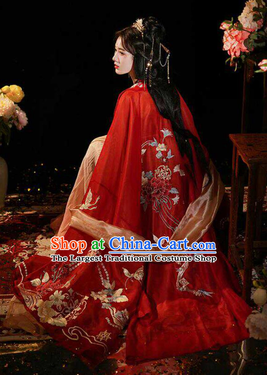 Twelve Flower Goddess Hanfu China Tang Dynasty Wedding Costume Red Hezi Qun Red Embroidered Large Sleeve Attire Ancient Chinese Princess Peony Clothing