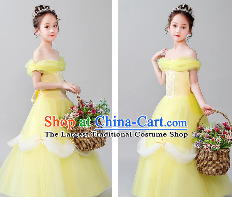 Christmas Children Performance Costume Yellow Girl Princess Dress Birthday Full Dress