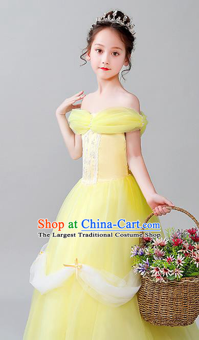 Christmas Children Performance Costume Yellow Girl Princess Dress Birthday Full Dress