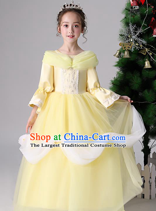 Children Birthday Full Dress Christmas Performance Costume Yellow Long Sleeved Girl Princess Dress