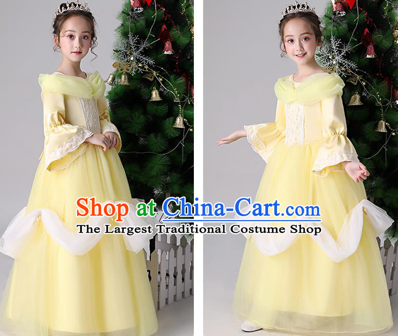 Children Birthday Full Dress Christmas Performance Costume Yellow Long Sleeved Girl Princess Dress