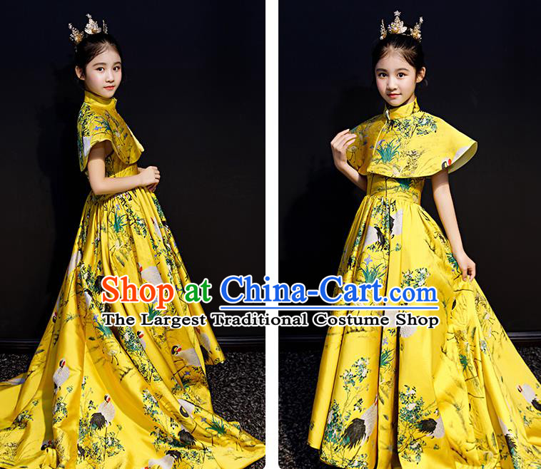Chinese Style Children Costume Top Girl Model Runway Princess Dress Long Tail Dress Birthday Performance Clothing