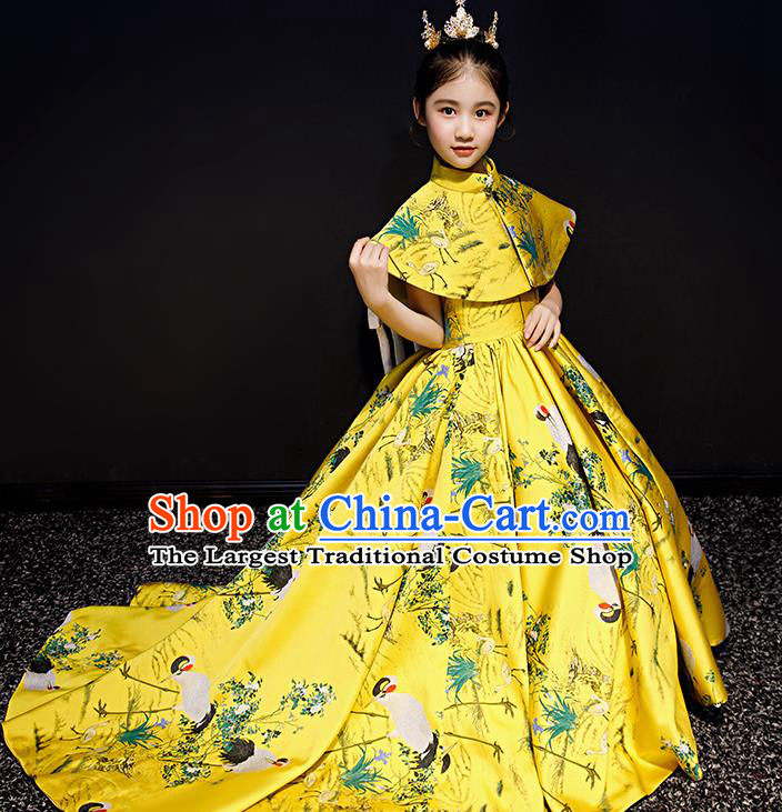 Chinese Style Children Costume Top Girl Model Runway Princess Dress Long Tail Dress Birthday Performance Clothing