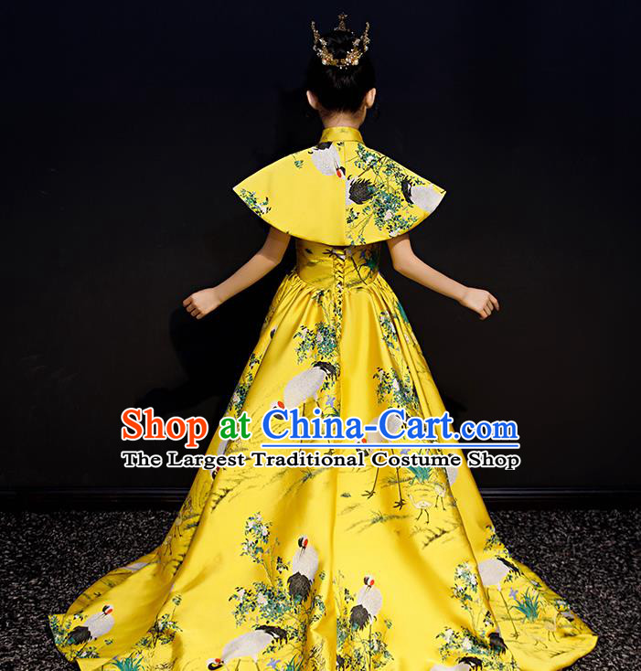 Chinese Style Children Costume Top Girl Model Runway Princess Dress Long Tail Dress Birthday Performance Clothing