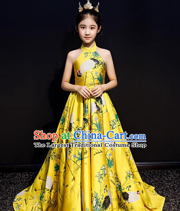 Chinese Style Children Costume Top Girl Model Runway Princess Dress Long Tail Dress Birthday Performance Clothing