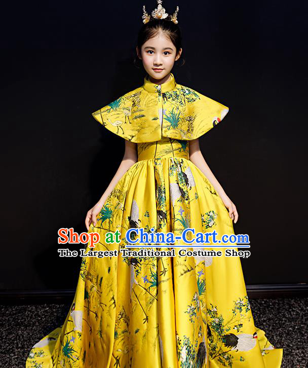 Chinese Style Children Costume Top Girl Model Runway Princess Dress Long Tail Dress Birthday Performance Clothing