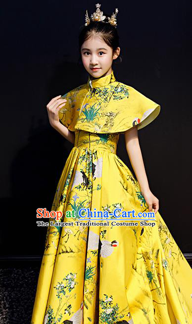 Chinese Style Children Costume Top Girl Model Runway Princess Dress Long Tail Dress Birthday Performance Clothing