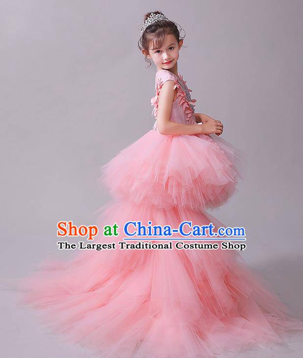 Pink Children Dress Princess Trailing Dress Girl Model Runway Clothing Playing Piano Performance Costume